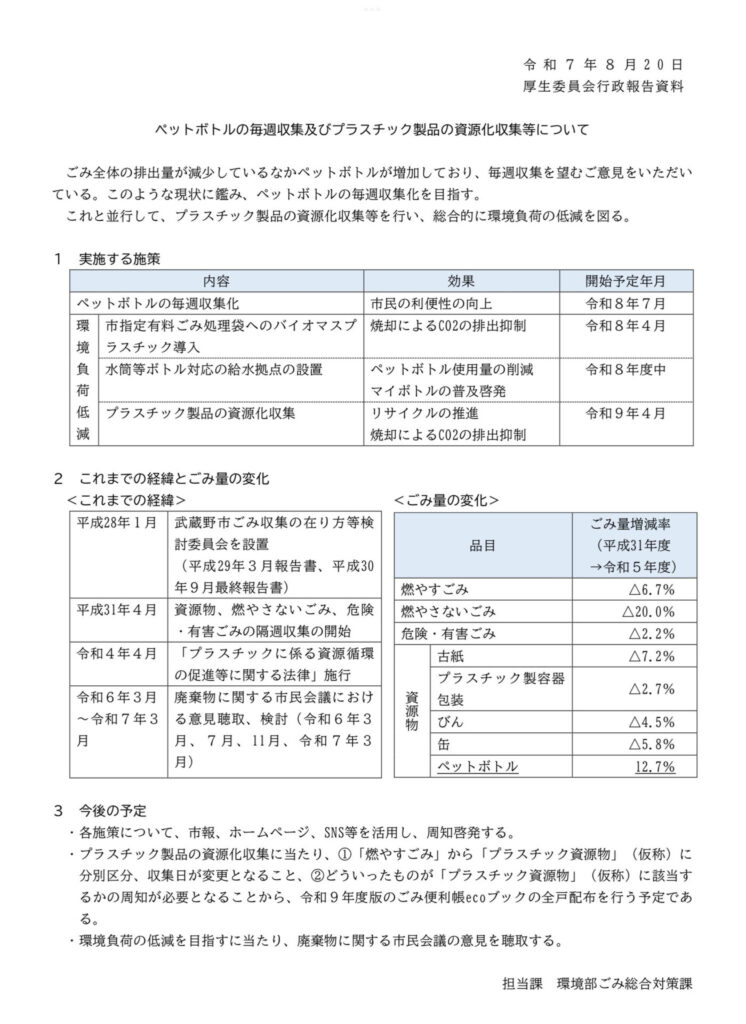 ペットボトルの毎週回収及びプラスチック製品の資源化収集等について