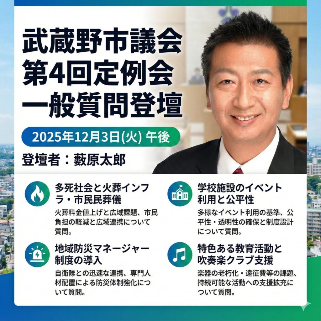 武蔵野市議会第4回定例会で藪原太郎議員が2025年12月3日午後に一般質問へ登壇する案内画像。質問内容として、火葬インフラと市民葬儀制度、学校施設のイベント利用と公平性、地域防災マネージャー制度、吹奏楽クラブ支援の四つのテーマが示されている。