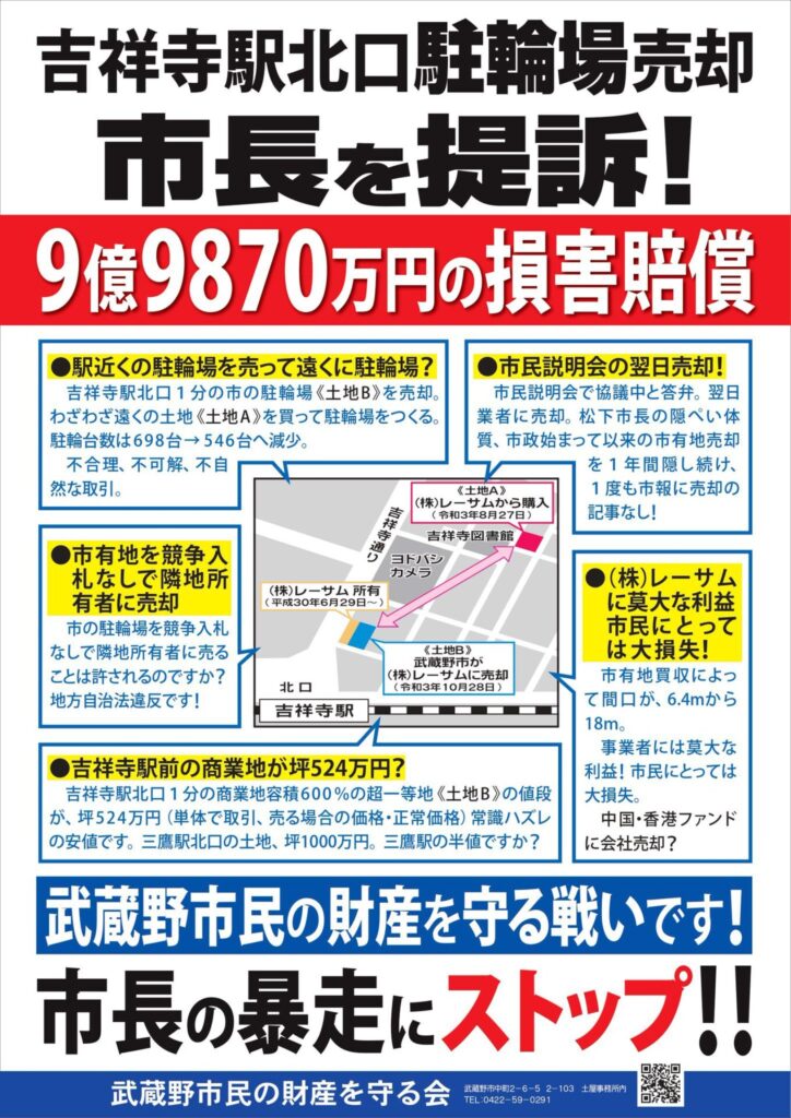 「吉祥寺駅北口の市有地売却をめぐり、市長を相手取って９億９８７０万円の損害賠償を求めると記載された、住民団体が市内に掲示したポスター」