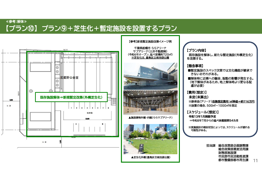 武蔵野公会堂の将来構想「プラン⑩」を示した資料。既存施設を解体し、外構を芝生広場として整備するとともに、新たな暫定施設を設置する配置図を掲載。参考事例として千葉県船橋市「ららアリーナ」と豊島区立南池袋公園の写真を掲載し、概算費用やスケジュール(令和13年1月開館予定、休館約54か月)などがまとめられている。